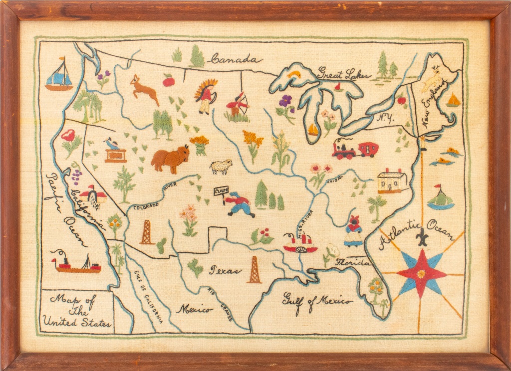 Appraisal: FOLK ART UNITED STATES EMBROIDERY MAP Folk Art map of