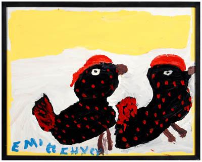 Appraisal: Emitte Hych painting Illinois born Two Chickens signed lower left