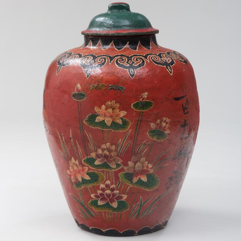 Appraisal: Large Asian Inspired Painted Papier Mach Red Jar and Cover