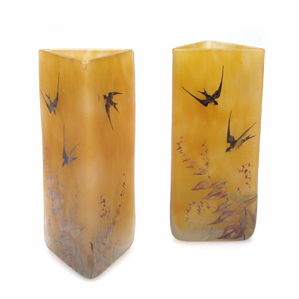 Appraisal: A pair of Schneider enameled glass triangular vases early th