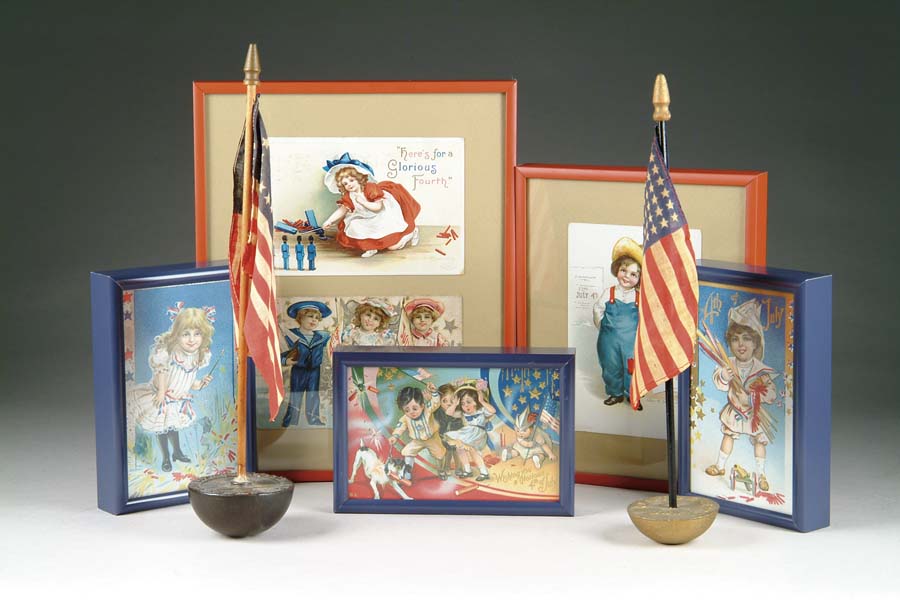 Appraisal: PATRIOTIC FIRECRACKER POSTCARDS SPHERICAL FLAG HOLDERS Charming postcards depicting July