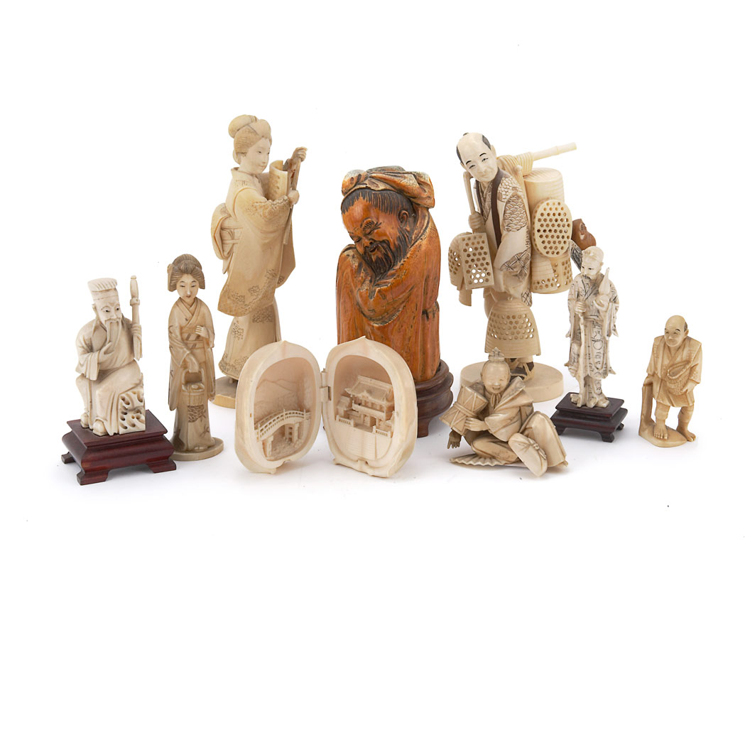 Appraisal: Group of Nine Asian Ivory and Bone Figures Height of