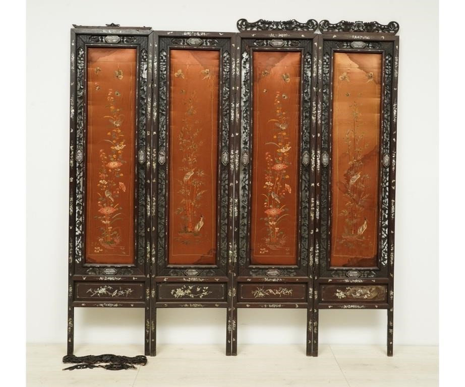 Appraisal: Chinese mother-of-pearl inlaid four-part screen late th c with silk