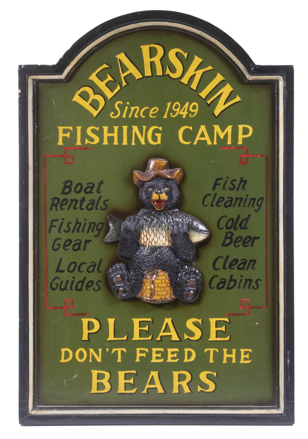 Appraisal: CUSTOM WALL PLAQUE Carved and Painted Plaque Bear Skin Fishing