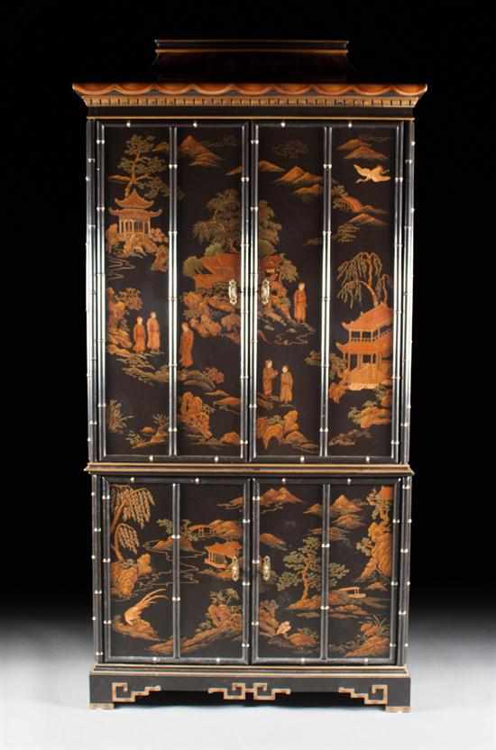 Appraisal: Drexel japanned style entertainment center four-door cabinet decorated with scenes