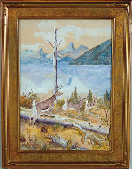 Appraisal: DOROTHEA M LITZINGER American - DEER IN NORTHERN LANDSCAPE Watercolor