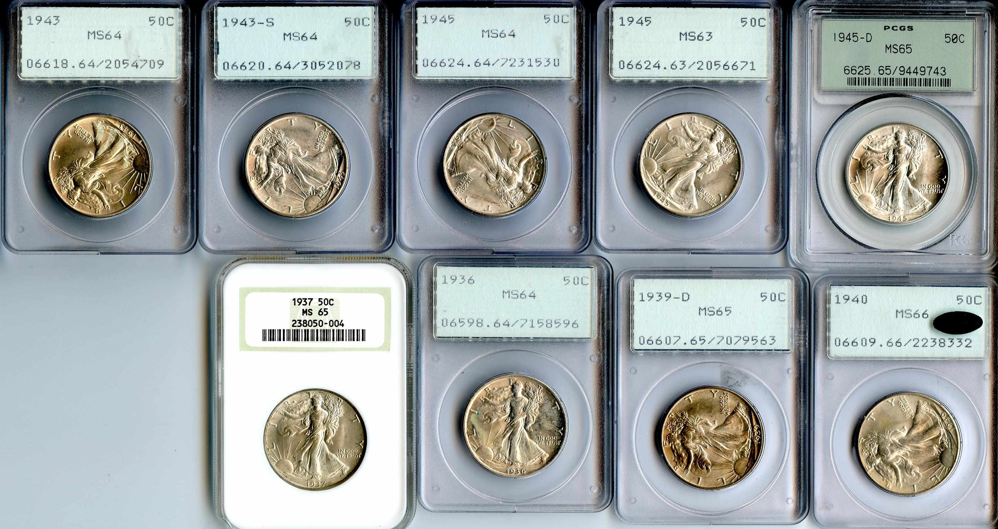 Appraisal: Certified Walking Liberty Half Dollars Included are MS PCGS MS