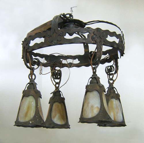 Appraisal: Art Nouveau hammered copper chandelier with slag glass shades h