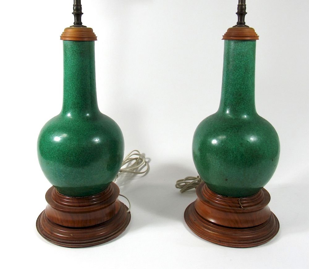 Appraisal: Pair of Apple Green Bottle Vases Mounted as Lamps Bottle