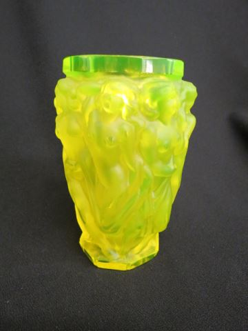 Appraisal: Vaseline Art Glass Vase frolicking nudes satin signed excellent