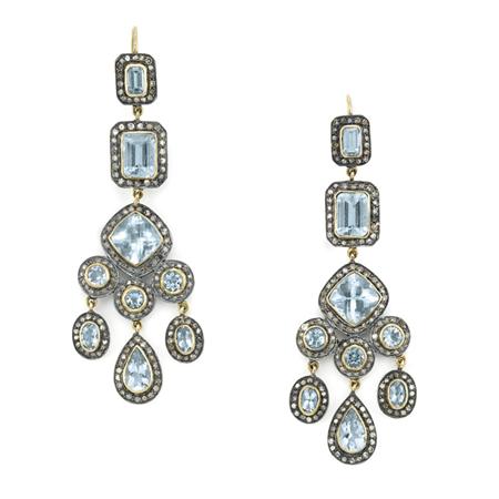 Appraisal: Pair of Silver Gold Aquamarine and Diamond Pendant-Earrings Estimate -