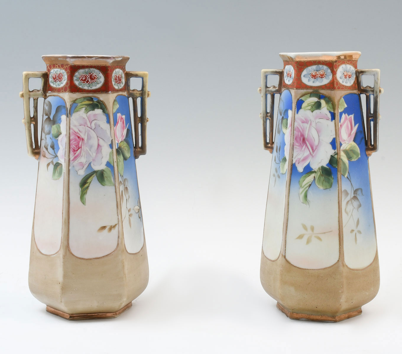 Appraisal: PAIR OF NIPPON PORCELAIN HEXAGONAL VASES Pair of Hexagonal Nippon