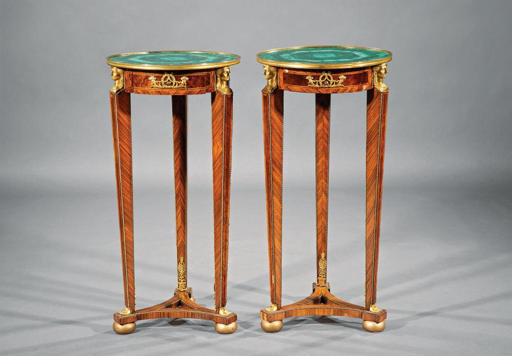 Appraisal: Pair of Empire-Style Bronze-Mounted and Inlaid Kingwood Gueridons malachite mosaic