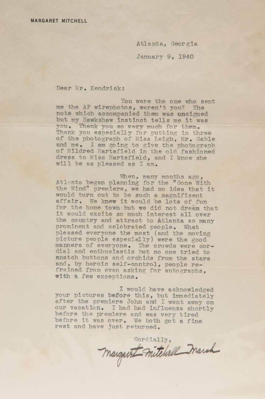 Appraisal: MARGARET MITCHELL SIGNED LETTER HARTSFIELD Letter dated January from Margaret