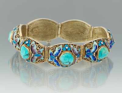 Appraisal: A Chinese Silver Enamel and Turquoise Bracelet Silver filigree bracelet