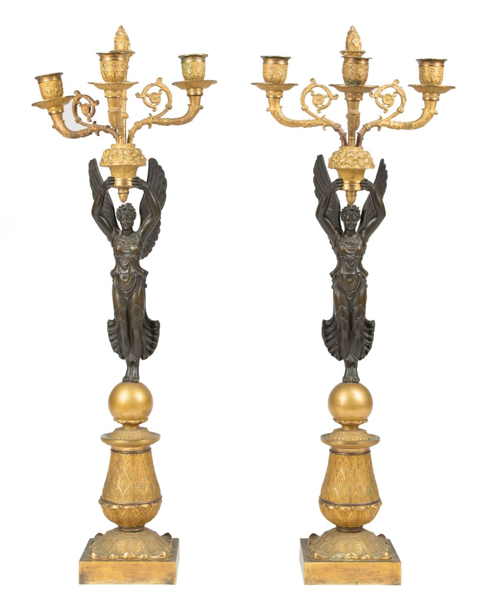 Appraisal: Pair of Antique Empire-Style Gilt and Patinated Bronze Three-Light Candelabra