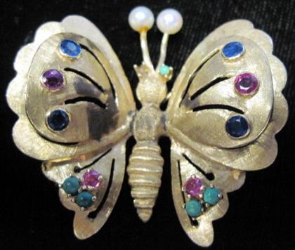 Appraisal: karat yellow gold sapphire pink sapphire turquoise and pearl butterfly