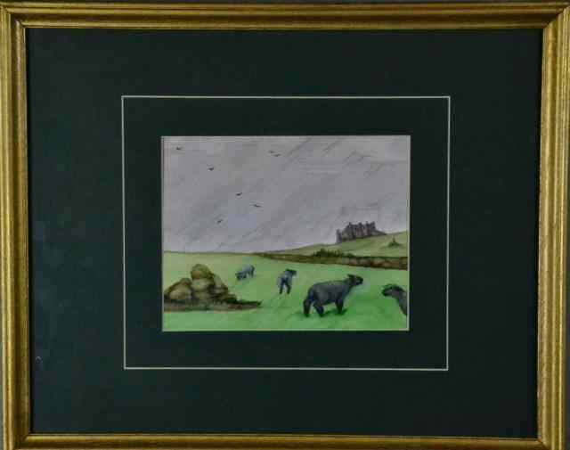 Appraisal: AMERICAN SCHOOL WATERCOLOR ON PAPERCountry landscape with sheep and castle