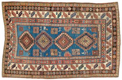 Appraisal: Dated Kazak rug four serrated diamond central medallions on blue