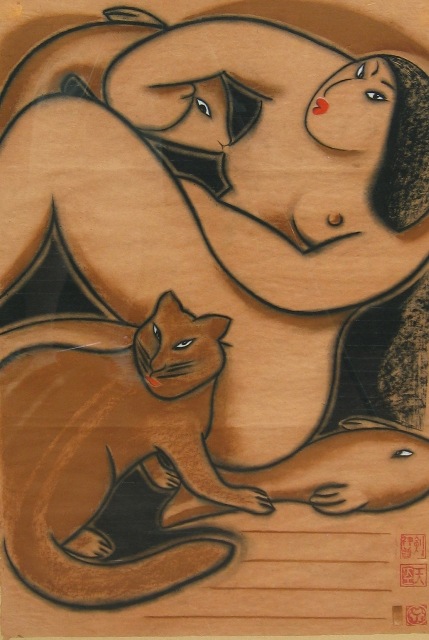 Appraisal: Ken Johnson born Japanese Woman with Cats pastel on paper