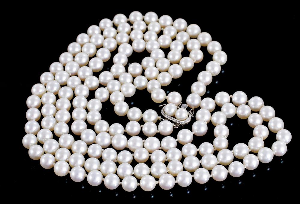 Appraisal: Double-strand pearl necklace - mm individually knotted pearls sterling pearl-set