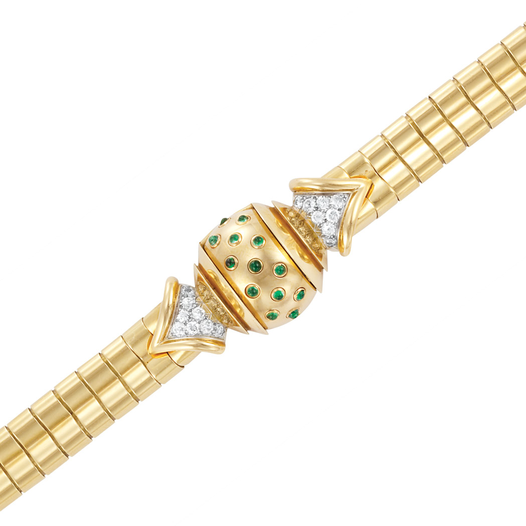 Appraisal: Gold Diamond and Cabochon Emerald Bracelet-Watch Gubelin kt diamonds ap