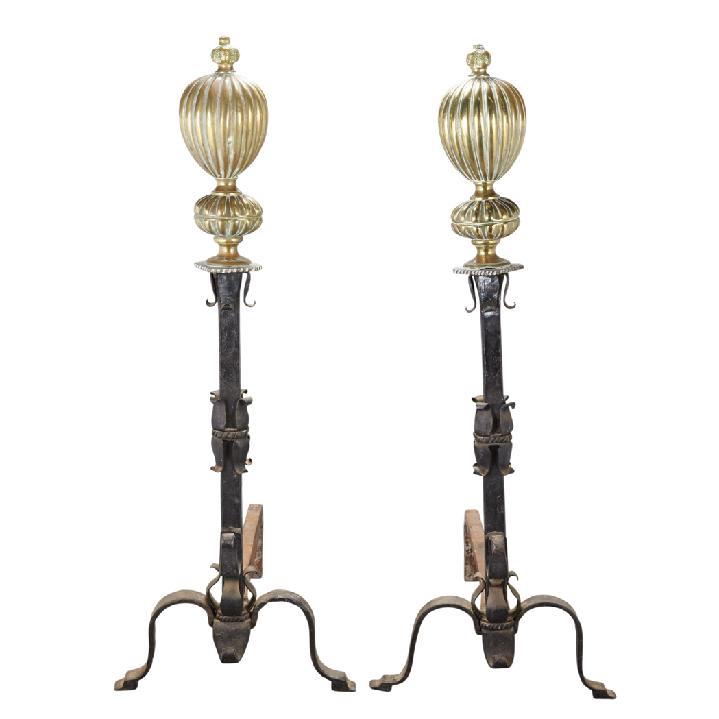 Appraisal: Two Pairs of Brass and Wrought Iron Andirons Each with