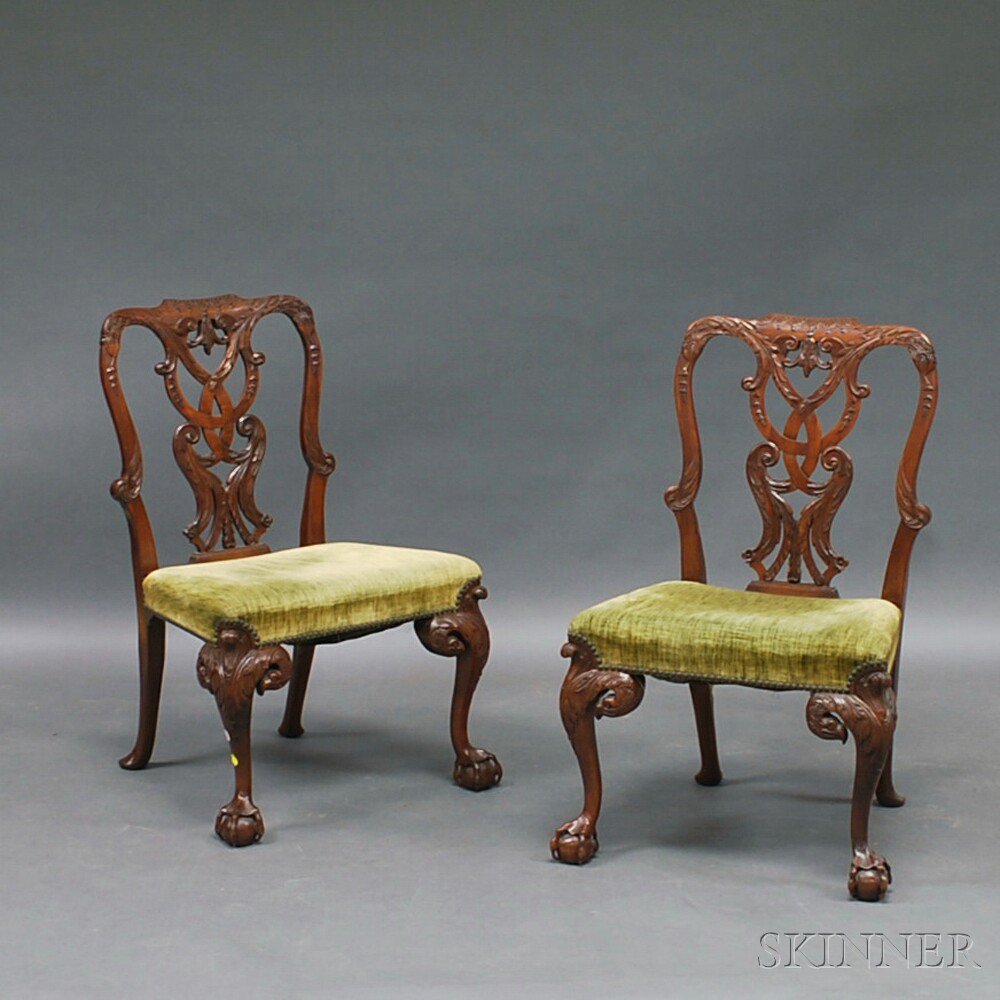 Appraisal: Pair of Chippendale-style Carved Mahogany Side Chairs the crest rail