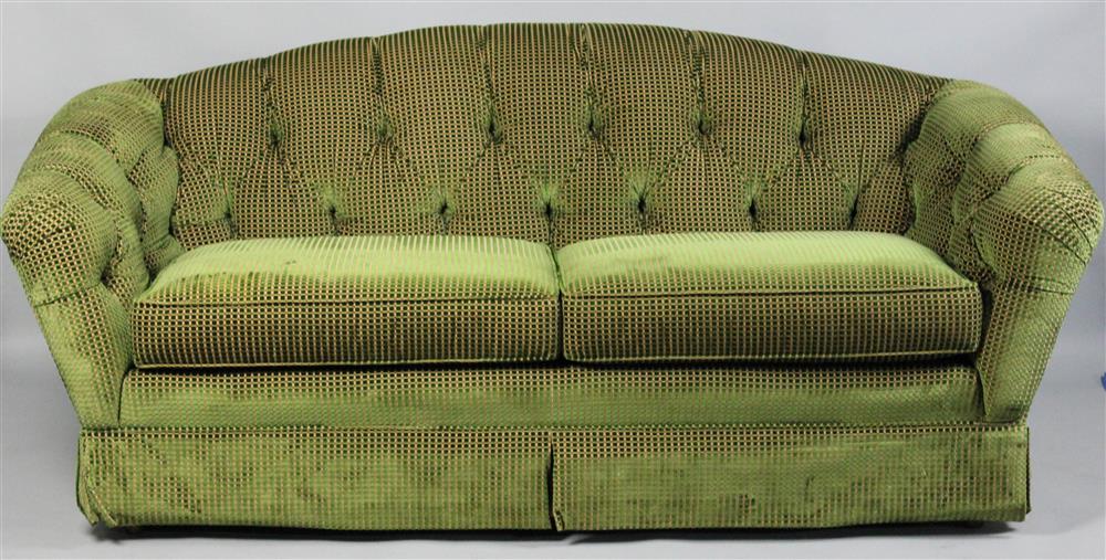 Appraisal: GREEN CHECKED VELVET AND TUFTED SOFA shaped tight back with