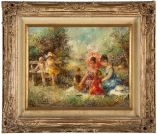 Appraisal: Eva Halusa Makk ''Soft Grass'' women and children picnicking signed