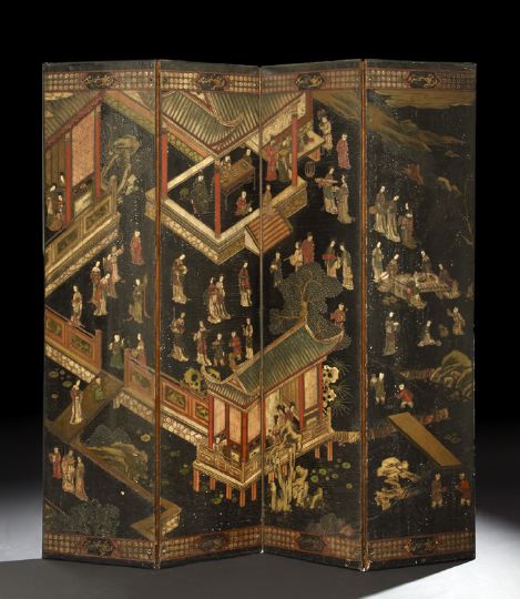 Appraisal: Chinese Four-Panel Coromandel Floor Screen th century depicting a continuous