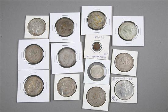 Appraisal: THIRTEEN NETHERLANDS COINS Eleven Guldens Four two three and Gulden