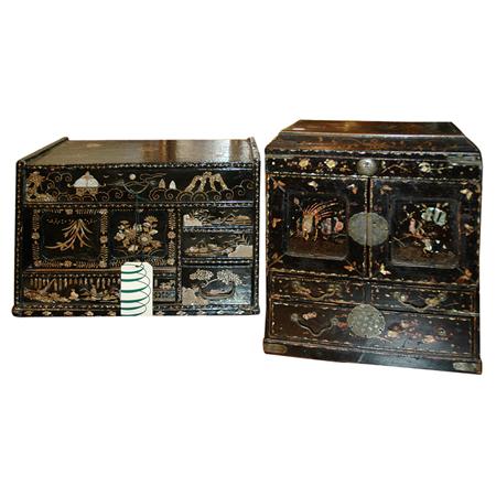 Appraisal: Two Chinese Mother-of-Pearl Inlaid Black Painted Diminutive Chests Estimate -