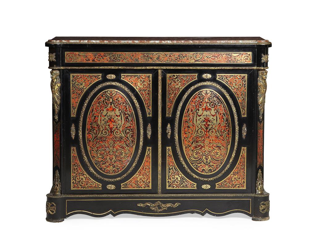 Appraisal: YNAPOLEON III EBONISED AND BOULLE MARQUETRY MARBLE TOP SIDE CABINET