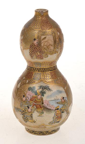 Appraisal: JAPANESE SATSUMA HEAVILY GILDED DOUBLE GOURDED VASE WITH DECORATIVE PANELS