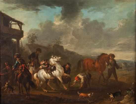 Appraisal: Attributed to Philips Wouwerman Dutch - Horsemen Outside a Blacksmith's