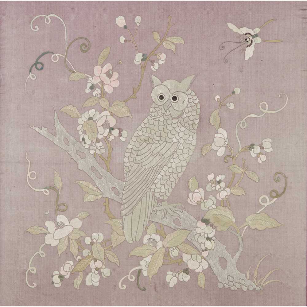 Appraisal: JAPANESE EMBROIDERED PANEL OF AN OWL MEIJI PERIOD CIRCA coloured