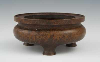 Appraisal: A Bronze Censer Chinese Of squat round form with recessed