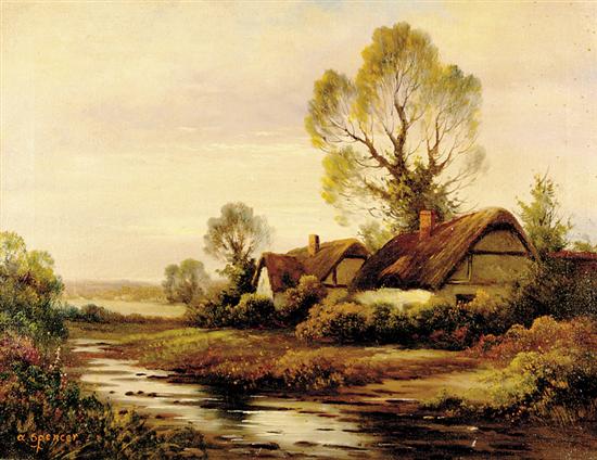 Appraisal: Augustus Spencer British - THATCHED COTTAGE BY THE RIVERoil on