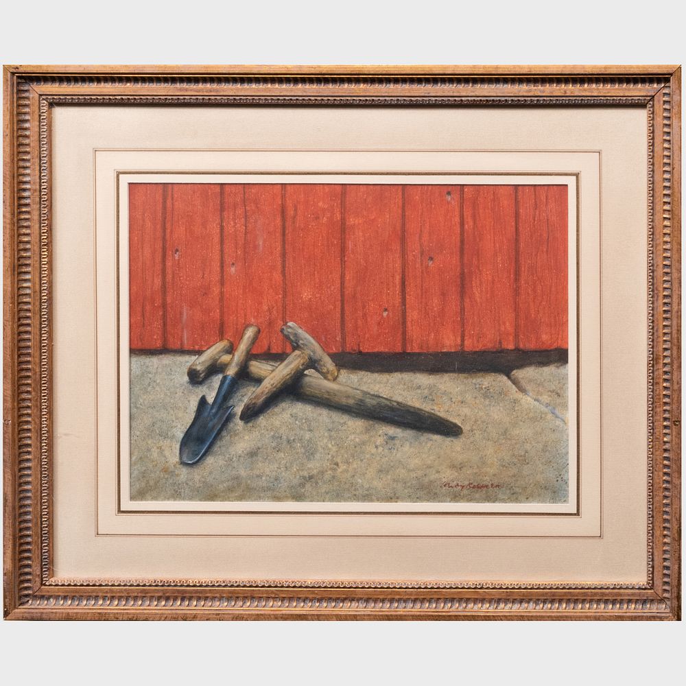 Appraisal: Henry Koehler - Red Garden Door Old Tools Oil on