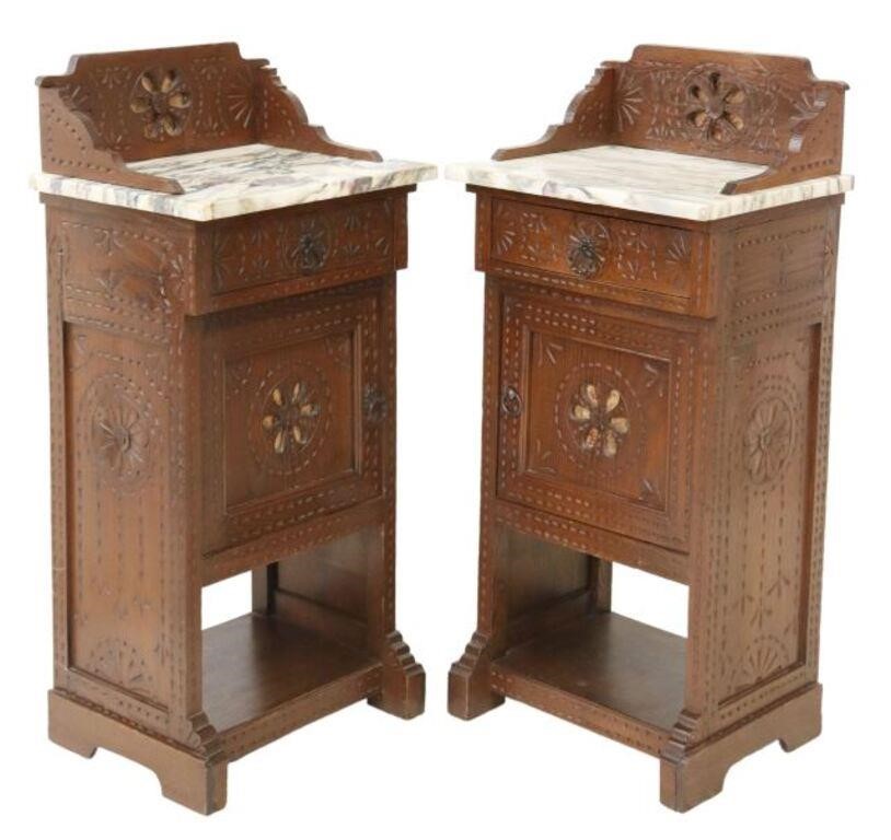 Appraisal: pair French marble-top nightstands early th c raised back with