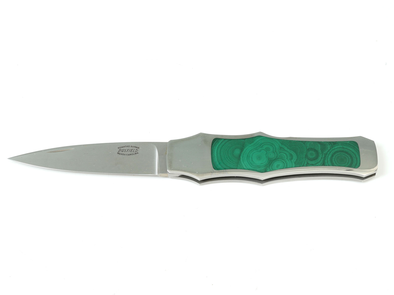 Appraisal: BUSFIELD FOLDER WITH MALACHITE INLAY HANDLE Stainless steel interframe with