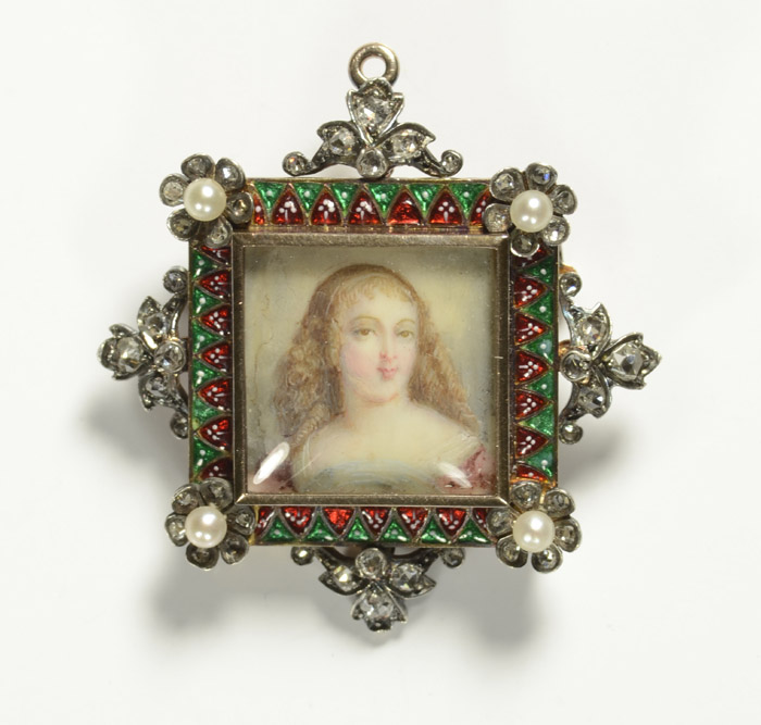 Appraisal: PORTRAIT PENDANT BROOCH featuring a painted bust portrait of Louise