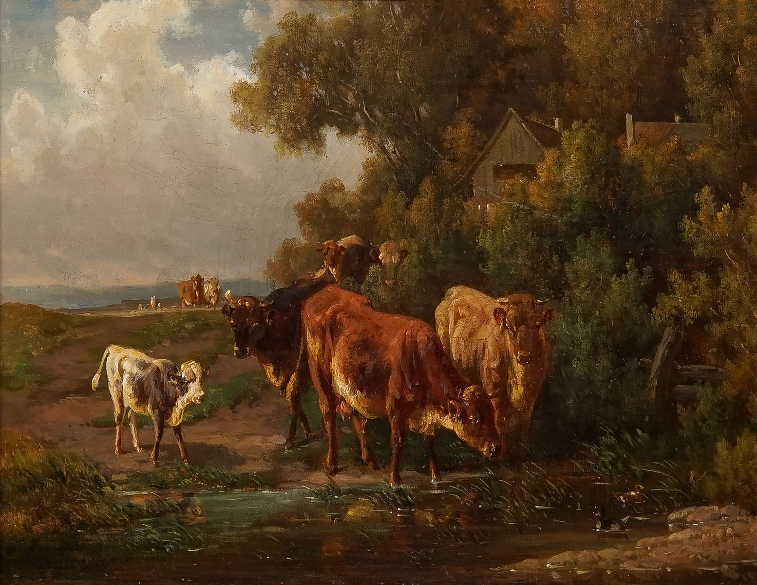 Appraisal: REINHARDT Ludwig German - Country Landscape with Cottage Cows Watering