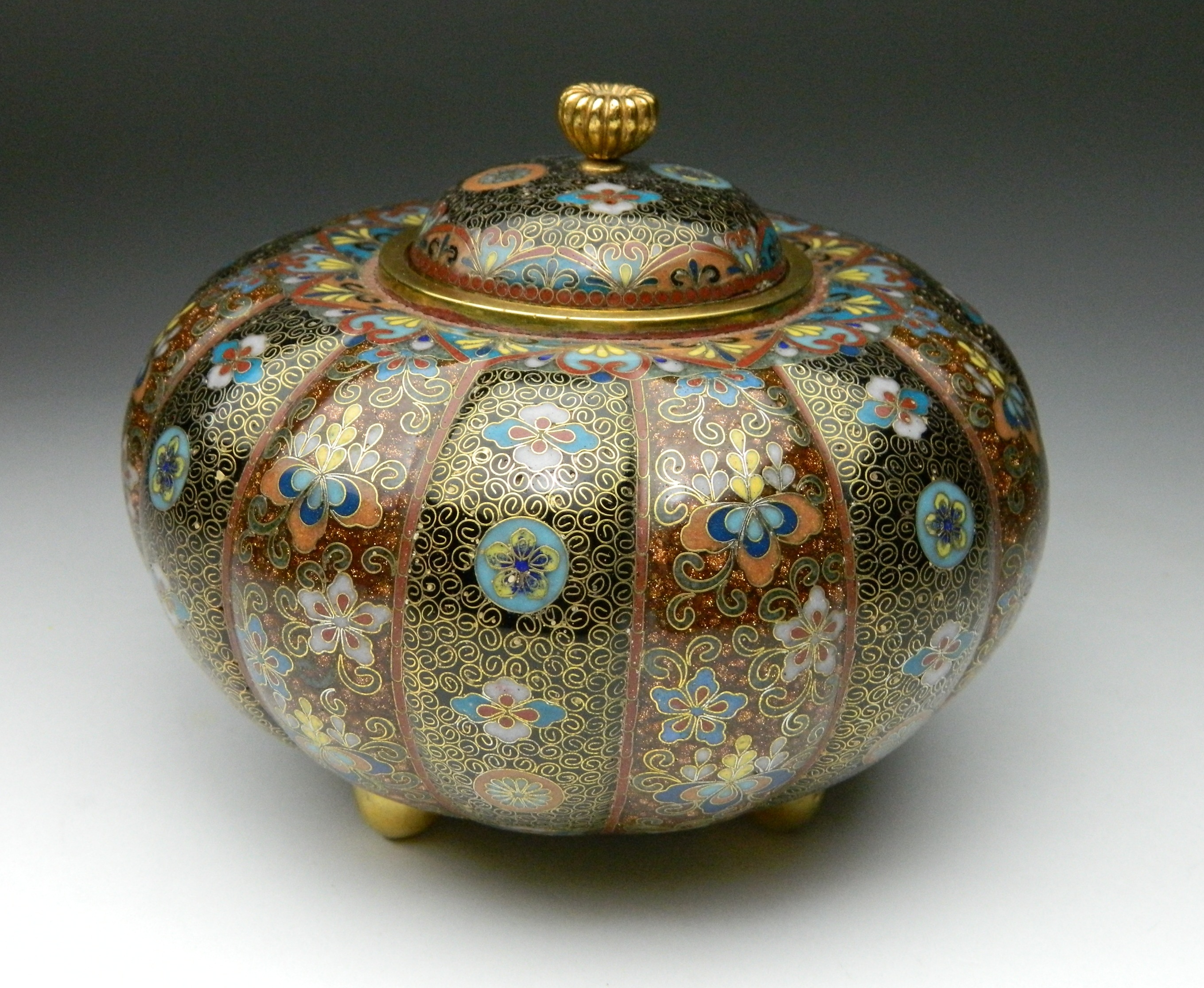 Appraisal: Japanese cloisonne jar- with cover melon shaped varied patterns and