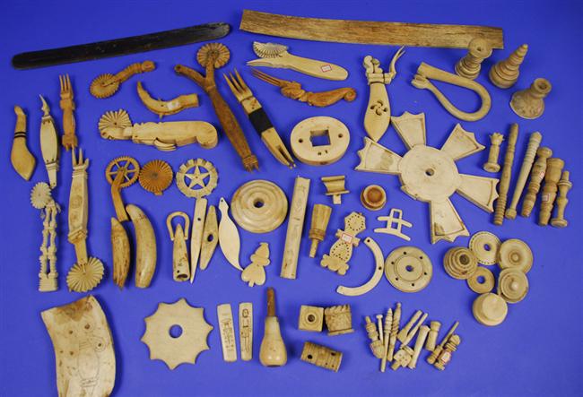 Appraisal: LARGE ASSEMBLAGE OF MISCELLANEOUS WHALEBONE CARVINGS SCRIMSHAW AND SWIFT FRAGMENTS