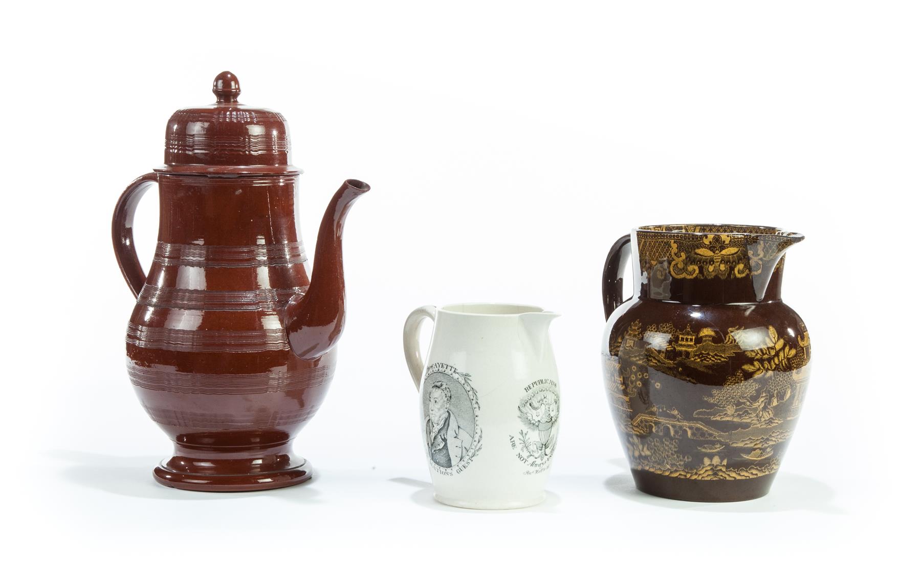 Appraisal: THREE ENGLISH PITCHERS AND TALL POT Nineteenth century Liverpool with