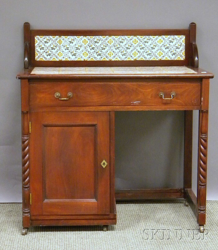 Appraisal: English Late Victorian Tile-inset Carved Mahogany Chamber Table lg in