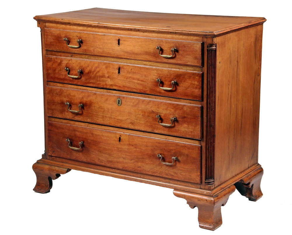 Appraisal: CHIPPENDALE CHEST - New England Solid Walnut Four-Drawer Chest with