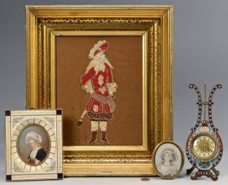 Appraisal: Miniature portraits clock and textile items Four European decorative items